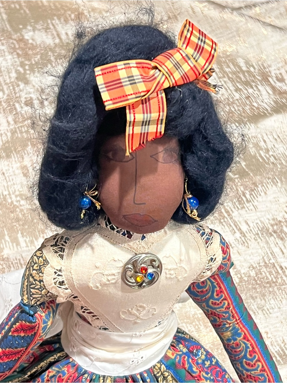 Handmade 22 in Cloth Rag Doll, Dark Girl w/ Black Curly Hair, Victorian